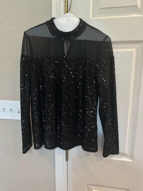 Vince Camuto Black Sequin Mesh Yoke Long Sleeve Top